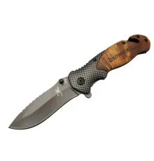 Browning X50 Kahverengi Kurtarma / Kamp Çakısı 20,5cm- Yarı Otomatik, Kemerlikli, Ahşap Sap, Cam Kırma ve İp Kesme Aparatlı