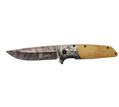 Columbia A2150C Kahve Kamp Çakısı 21cm- Manuel, Ahşap İşlemeli Sap,Kemerlikli