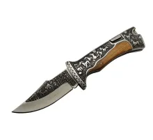 Columbia A3189C Kahve Kamp Çakısı 23cm- Manuel, At İşlemeli Ahşap Sap, Özel Kutulu, Kılıflı