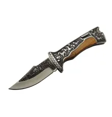 Columbia A3189C Kahve Kamp Çakısı 23cm- Manuel, At İşlemeli Ahşap Sap, Özel Kutulu, Kılıflı