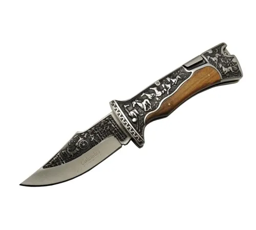 Columbia A3189C Kahve Kamp Çakısı 23cm- Manuel, At İşlemeli Ahşap Sap, Özel Kutulu, Kılıflı