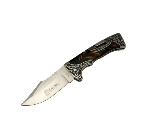 Columbia B3157B İşlemeli Kamp Çakı 22 cm - Kahverengi Sedef Saplı, Manuel Açılma