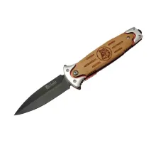 Columbia FS 11033 Kahverengi Kurtarma / Kamp Çakısı 20cm - Yarı Otomatik, Kurt İşlemeli Ahşap Sap, Kemerlikli