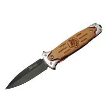 Columbia FS 11033 Kahverengi Kurtarma / Kamp Çakısı 20cm - Yarı Otomatik, Kurt İşlemeli Ahşap Sap, Kemerlikli