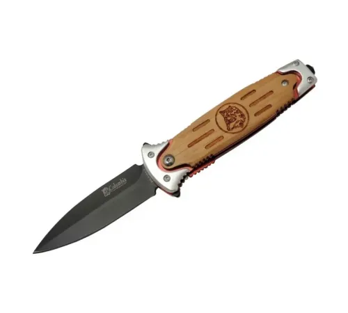 Columbia FS 11033 Kahverengi Kurtarma / Kamp Çakısı 20cm - Yarı Otomatik, Kurt İşlemeli Ahşap Sap, Kemerlikli