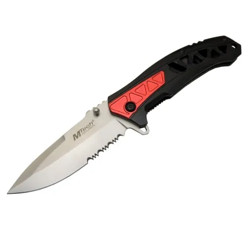 Mtech 4192 Kırmızı Kamp Çakı 21cm - Yarı Otomatik, Kemerlikli, Testere Detaylı, Desenli Sap