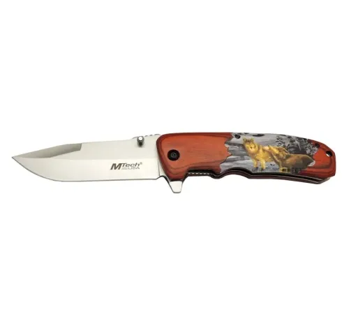 Mtech Y 12K Kahverengi Kamp Çakı 21,5cm - Yarı Otomatik, Kemerlikli, Kurt Baskılı Ahşap Sap Mtech Y 12K Kahverengi Kamp Çakı 21,5cm - Yarı Otomatik, Kemerlikli, Kurt Baskılı Ahşap Sap