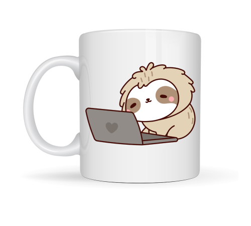 Laptoplu Tembel Hayvan Desenli Porselen Kupa MODEL 109 – Sevimli Sloth Tasarımlı Kahve Kupası , Ofis & Ev İçin Eğlenceli Hediye