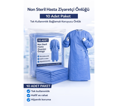Non Steril Hasta Ziyaretçi Önlüğü 10 Adet – Tek Kullanımlık Bağlamalı Koruyucu Önlük