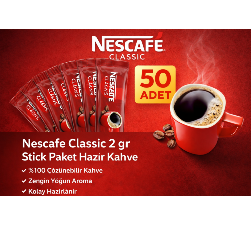 Kahve Classic 2 gr 50 Adet Stick Paket Hazır Kahve %100 Çözünebilir Zengin Yoğun Aroma