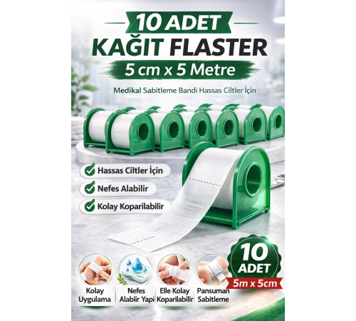 Kağıt Flaster 5 cm x 5 m 10 Adet Medikal Sabitleme Bandı Hassas Ciltler İçin