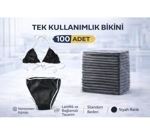 Tek Kullanımlık Bikini 100 Adet Nonwoven Kumaş Siyah Lastikli ve Bağlamalı Standart Beden
