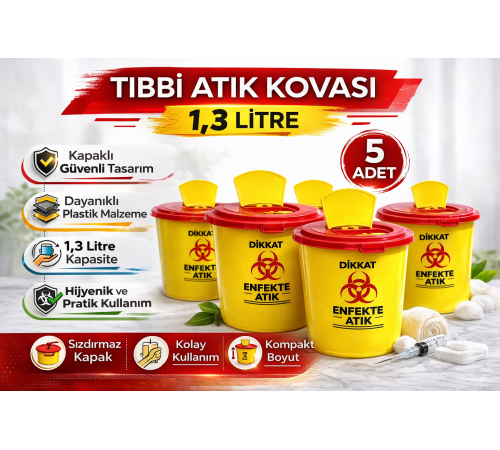 Tıbbi Atık Kovası 1,3 Litre 5 Adet Kapaklı Tıbbi Atık Kutusu Enfekte Atık Kovası Seti