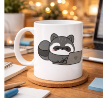 Laptoplu Sevimli Rakun Desenli Porselen Kupa MODEL 114 – Ofis İçin Eğlenceli Kahve Kupası , Çalışanlara Özel Tatlı Hediye