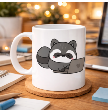 Laptoplu Sevimli Rakun Desenli Porselen Kupa MODEL 114 – Ofis İçin Eğlenceli Kahve Kupası , Çalışanlara Özel Tatlı Hediye