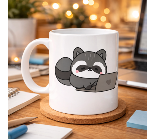 Laptoplu Sevimli Rakun Desenli Porselen Kupa MODEL 114 – Ofis İçin Eğlenceli Kahve Kupası , Çalışanlara Özel Tatlı Hediye