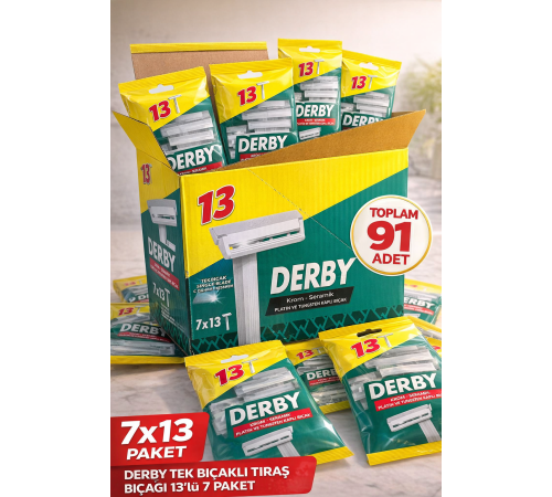 Derby Tek Bıçaklı Tıraş Bıçağı 13’lü 7 Paket 91 Adet Krom Seramik Platin ve Tungsten Kaplı Ekonomik Set