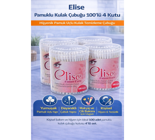 Elise Pamuklu Kulak Çubuğu 100'lü 4 Kutu Toplam 400 Adet Pamuk Uçlu Kulak Temizleme Çubuğu