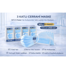 3 Katlı Cerrahi Maske 50'li 5 Paket Tek Kullanımlık Telli Lastikli Yüz Maskesi Toplam 250 Adet
