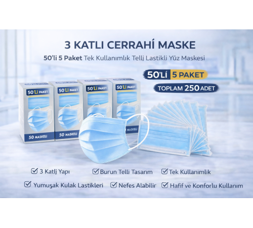 3 Katlı Cerrahi Maske 50'li 5 Paket Tek Kullanımlık Telli Lastikli Yüz Maskesi Toplam 250 Adet