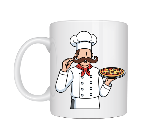 Pizza Ustası Tasarımlı Porselen Kupa MODEL 165 – Aşçı Temalı Kahve Kupası – Pizza Sevenlere Hediye – Şef Desenli Beyaz Kupa