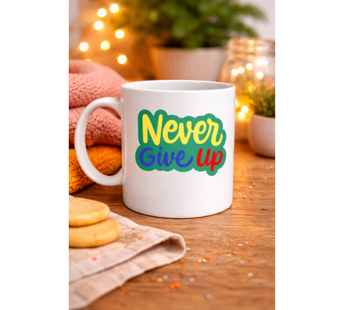 Never Give Up ASLA PES ETME Yazılı Porselen Kupa MODEL 145 – Motivasyon Temalı Renkli Tasarım – Kahve & Çay Kupası – Moral Veren Hediyelik Kupa