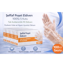 Şeffaf Poşet Eldiven 100’lü 5 Kutu Tek Kullanımlık PE Eldiven Pudrasız Gıda Uyumlu Hijyen Eldiveni 500 Adet