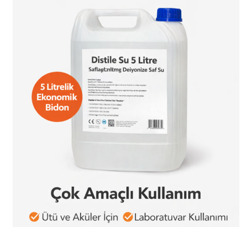 Distile Su 5 Litre Saflaştırılmış Deiyonize Saf Su Çok Amaçlı Kullanım 1 ADET