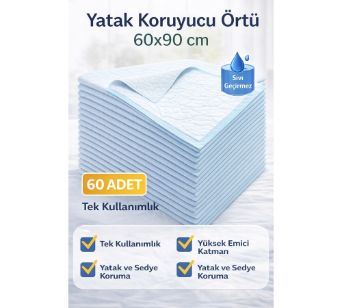 Yatak Koruyucu Örtü 60x90 cm 60 Adet Tek Kullanımlık Sıvı Geçirmez Hasta Altı Bezi