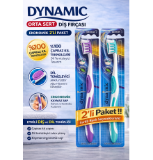 Dynamic Orta Sert Diş Fırçası 2 Adet Medium Çapraz Kıl Teknolojili Dil Temizleyicili Ergonomik Saplı Diş Fırçası