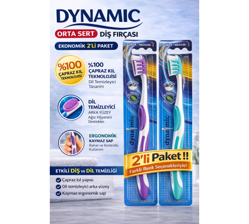 Dynamic Orta Sert Diş Fırçası 2 Adet Medium Çapraz Kıl Teknolojili Dil Temizleyicili Ergonomik Saplı Diş Fırçası