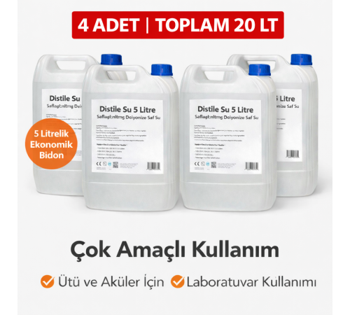 4 Adet Distile Su 5 Litre Toplam 20 Litre Saflaştırılmış Deiyonize Saf Su Çok Amaçlı Kullanım