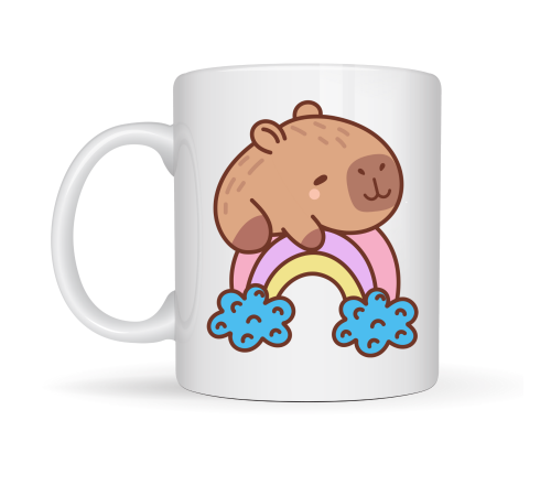 Sevimli Kapibara Gökkuşağı Tasarımlı Porselen Kupa MODEL 119 – Tatlı Hayvan Figürlü Kahve & Çay Kupası