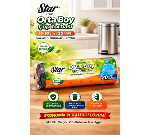 Star Plus Orta Boy Çöp Torbası 20'li 1 Paket 55x60 cm Dayanıklı Sızdırmaz Orta Boy Çöp Poşeti