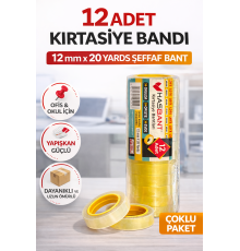12 Adet Kırtasiye Bandı 12 mm x 20 Yards Şeffaf Bant Ofis Okul Ev Kullanımı Dayanıklı Yapışkan Bant
