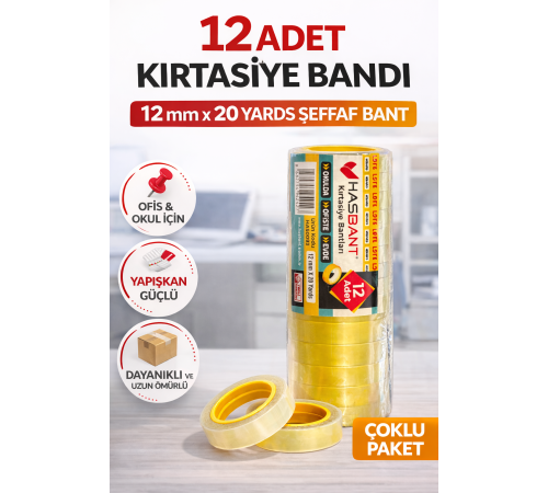 12 Adet Kırtasiye Bandı 12 mm x 20 Yards Şeffaf Bant Ofis Okul Ev Kullanımı Dayanıklı Yapışkan Bant