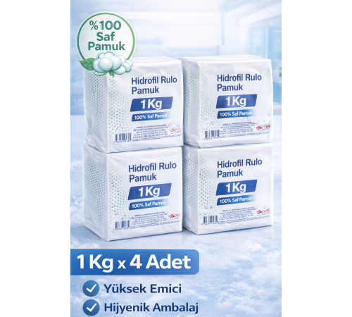 Hidrofil Rulo Pamuk 1 Kg x 4 Adet Saf Pamuk Yüksek Emici Medikal ve Kozmetik Kullanım