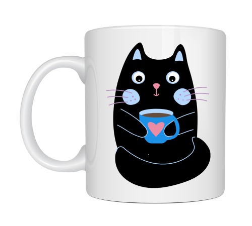Sevimli Siyah Kedi Baskılı Porselen Kupa MODEL 198 – Kahve İçen Kedi Tasarımlı Kupa Bardak – Kahve Severlere Eğlenceli Hediye Kupa