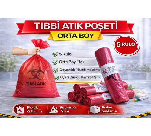 Tıbbi Atık Poşeti Orta Boy 10'lu 5 Rulo Kırmızı Tıbbi Atık Atık Poşeti Seti