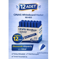 ONAS Whiteboard Marker NS-603 Mavi Tahta Kalemi 3 mm Yuvarlak Uç 12 Adet