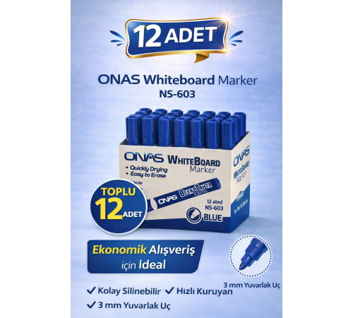 ONAS Whiteboard Marker NS-603 Mavi Tahta Kalemi 3 mm Yuvarlak Uç 12 Adet