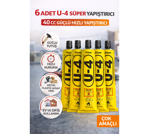 6 Adet U-4 Süper Yapıştırıcı 40 CC Güçlü Hızlı Yapıştırıcı Çok Amaçlı Metal Plastik Ahşap Deri Yapıştırıcı