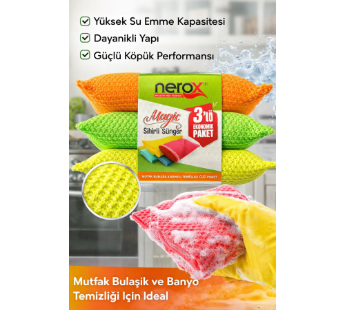 Nerox Magic Sihirli Sünger 3'lü 1 Paket Çok Amaçlı Temizlik Süngeri Bulaşık Mutfak Banyo Temizlik Süngeri