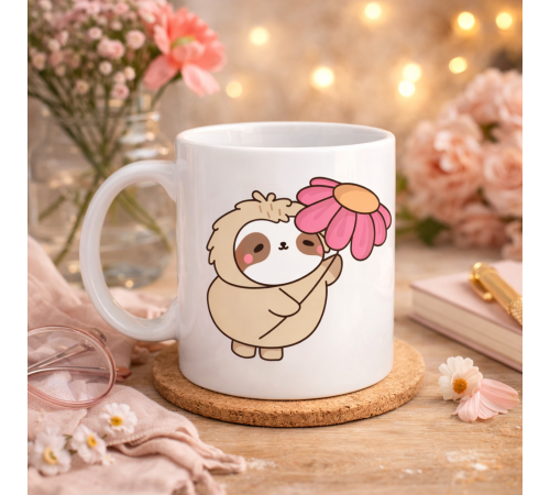 Çiçek Tutan Tembel Hayvan Tasarımlı Porselen Kupa MODEL 107 – Sevimli Kahve Kupası , Hediye & Dekoratif Kupa