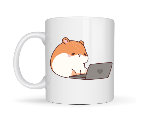 Laptoplu Hamster Desenli Porselen Kupa MODEL 112 – Sevimli Çalışkan Hamster Tasarımlı Kahve Kupası , Ofis & Ev İçin Tatlı Hediye