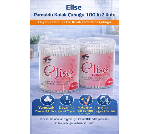 Elise Pamuklu Kulak Çubuğu 100'lü 2 Kutu Toplam 200 Adet Pamuk Uçlu Kulak Temizleme Çubuğu