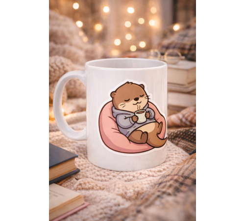 Sevimli Su Samuru Tasarımlı Porselen Kupa MODEL 191 – Kahve İçen Tatlı Su Samuru Kahve Kupası – Cozy Temalı Hediyelik Kupa Bardak