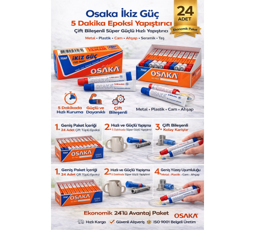 Osaka İkiz Güç 5 Dakika Epoksi Yapıştırıcı Çift Bileşenli Güçlü Hızlı Yapıştırıcı 24Adet