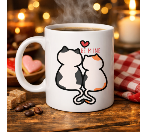 Be Mine Sevimli Kedili Porselen Kupa Model 40 – Aşık Kediler Tasarımlı Sevgiliye Özel Kahve Kupası