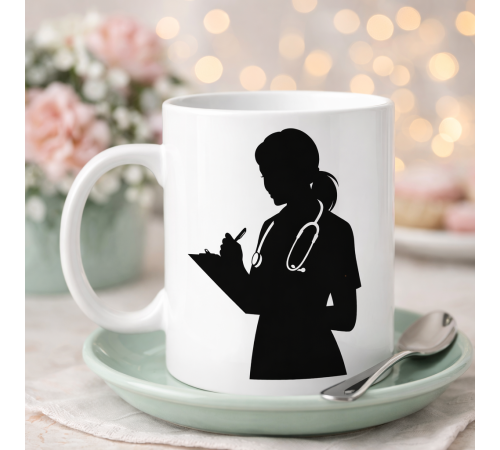 Hemşire Temalı Porselen Kupa MODEL 172– Stetoskoplu Kadın Sağlık Çalışanı Tasarımlı Kahve Kupası – Hemşirelere Özel Hediye Fincanı